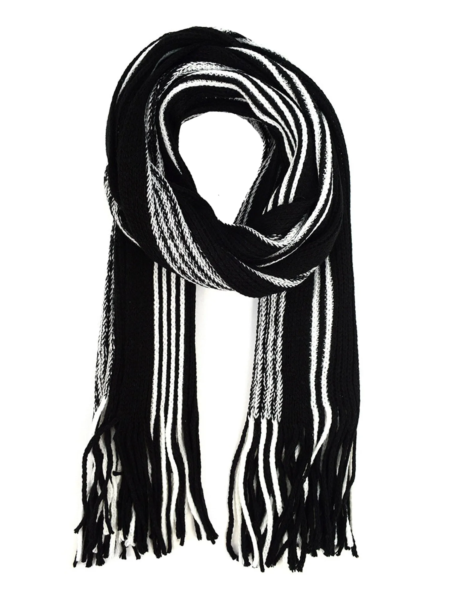 Mens Black & White Stripe Winter Knit Hat & Scarf Set