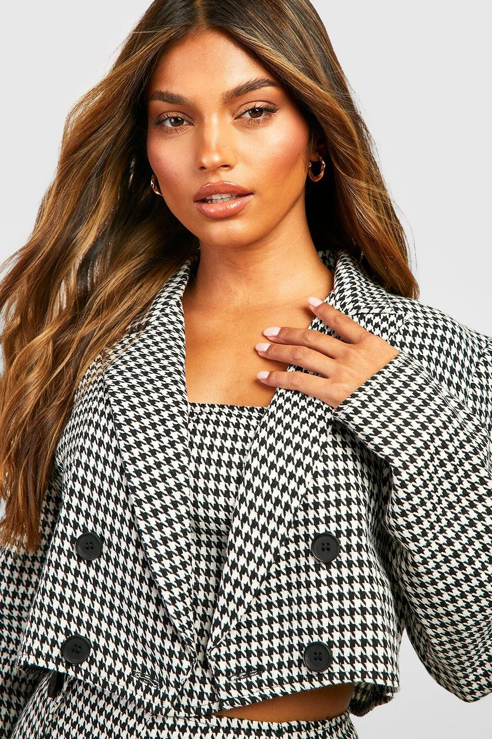 Mini Dogtooth Contrast Button Cropped Blazer