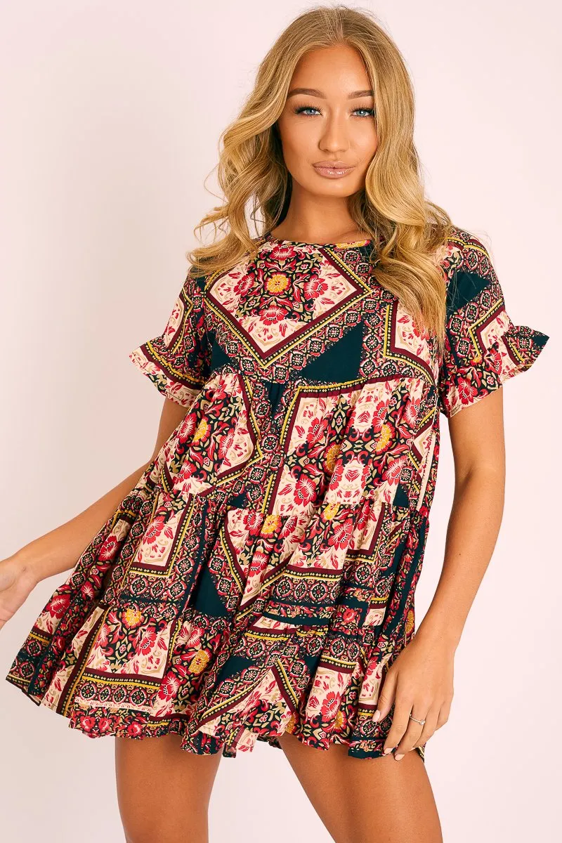 Multi Scarf Print Tiered Smock Dress - Natilea