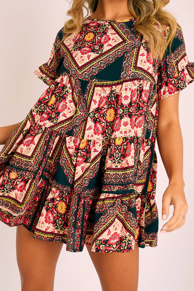 Multi Scarf Print Tiered Smock Dress - Natilea