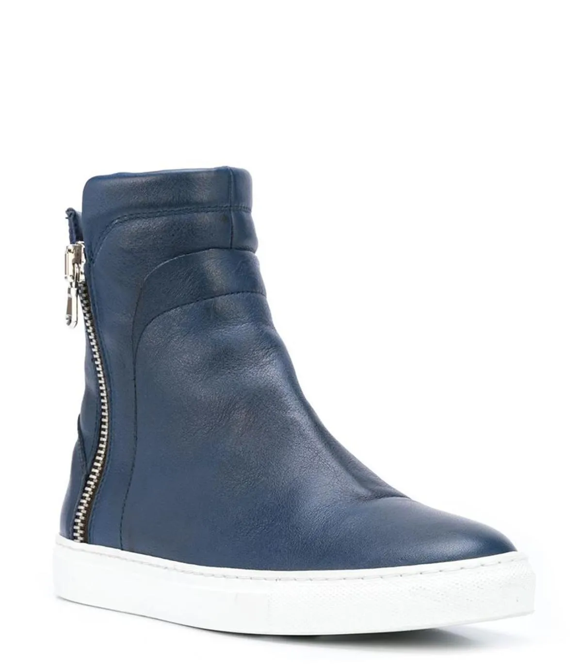 Navy Leather Double Zip Shearling Sneaker - Navy