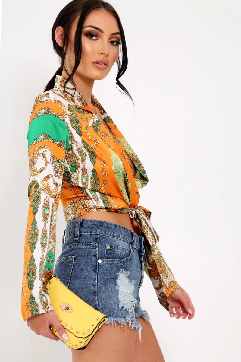 Orange Scarf Print Tie Front Cropped Shirt - Nishitha