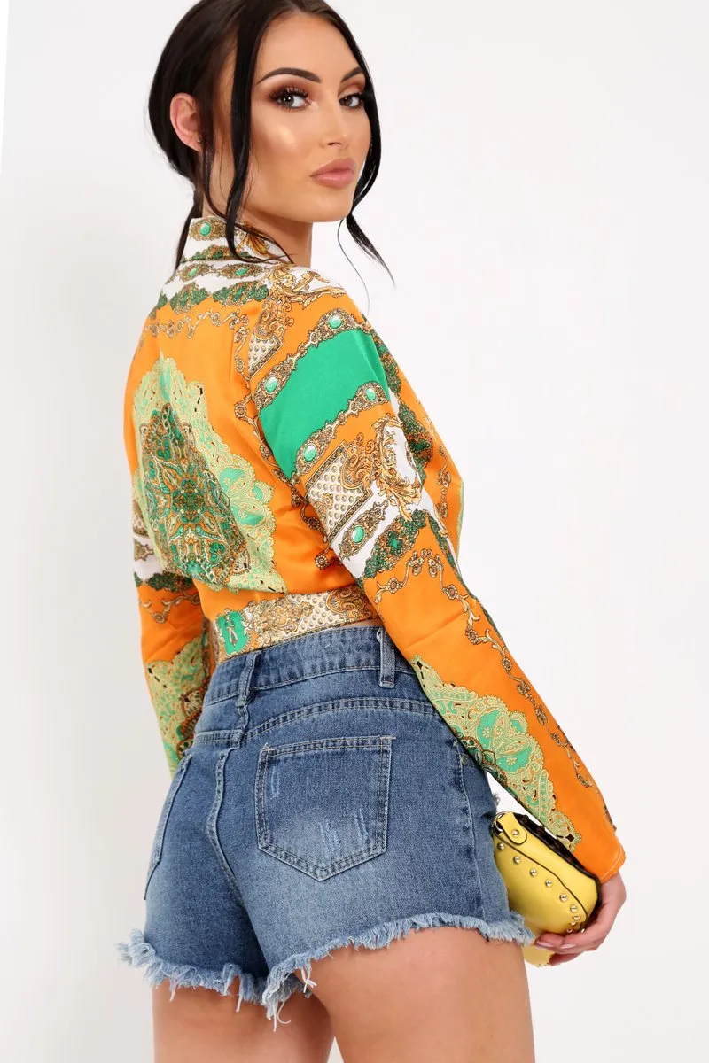 Orange Scarf Print Tie Front Cropped Shirt - Nishitha