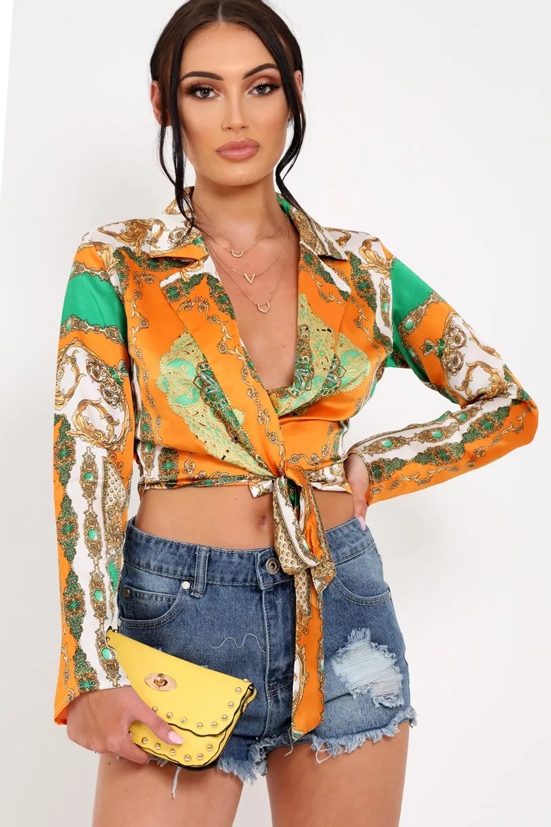 Orange Scarf Print Tie Front Cropped Shirt - Nishitha