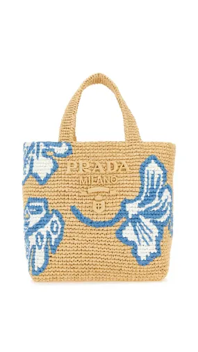 Palm Motif Raffia Tote Bag - Natural/Blue