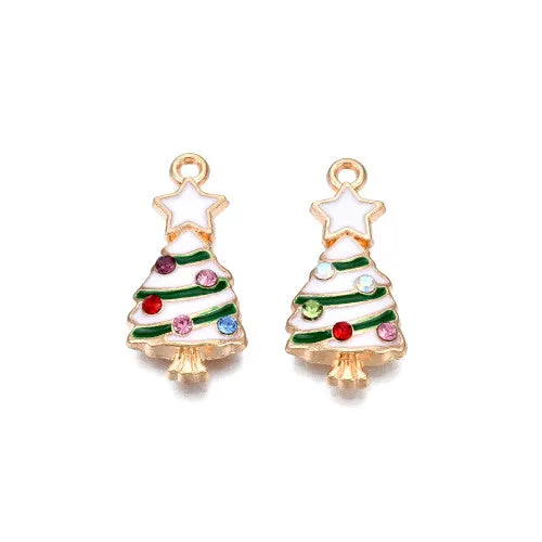 Pendants, Christmas Tree, Single-Sided, White, Green, Enameled, With Rhinestones, Light Gold Alloy, 23mm