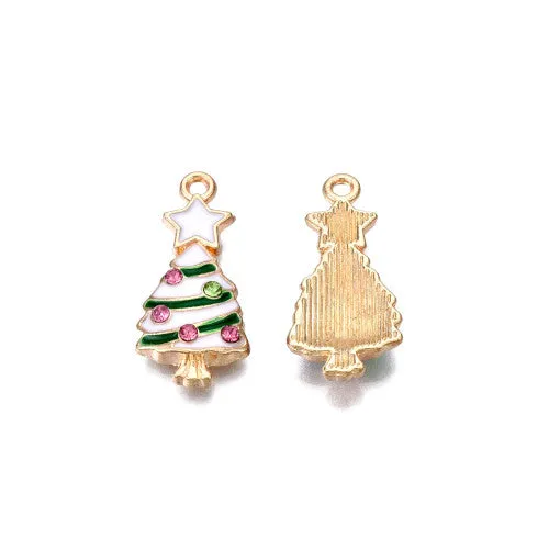 Pendants, Christmas Tree, Single-Sided, White, Green, Enameled, With Rhinestones, Light Gold Alloy, 23mm