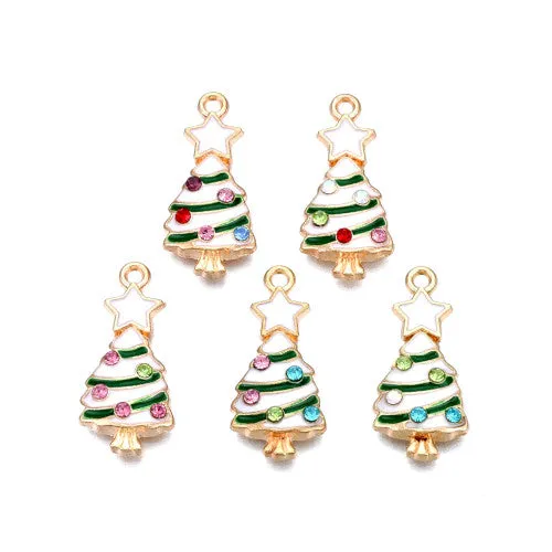 Pendants, Christmas Tree, Single-Sided, White, Green, Enameled, With Rhinestones, Light Gold Alloy, 23mm