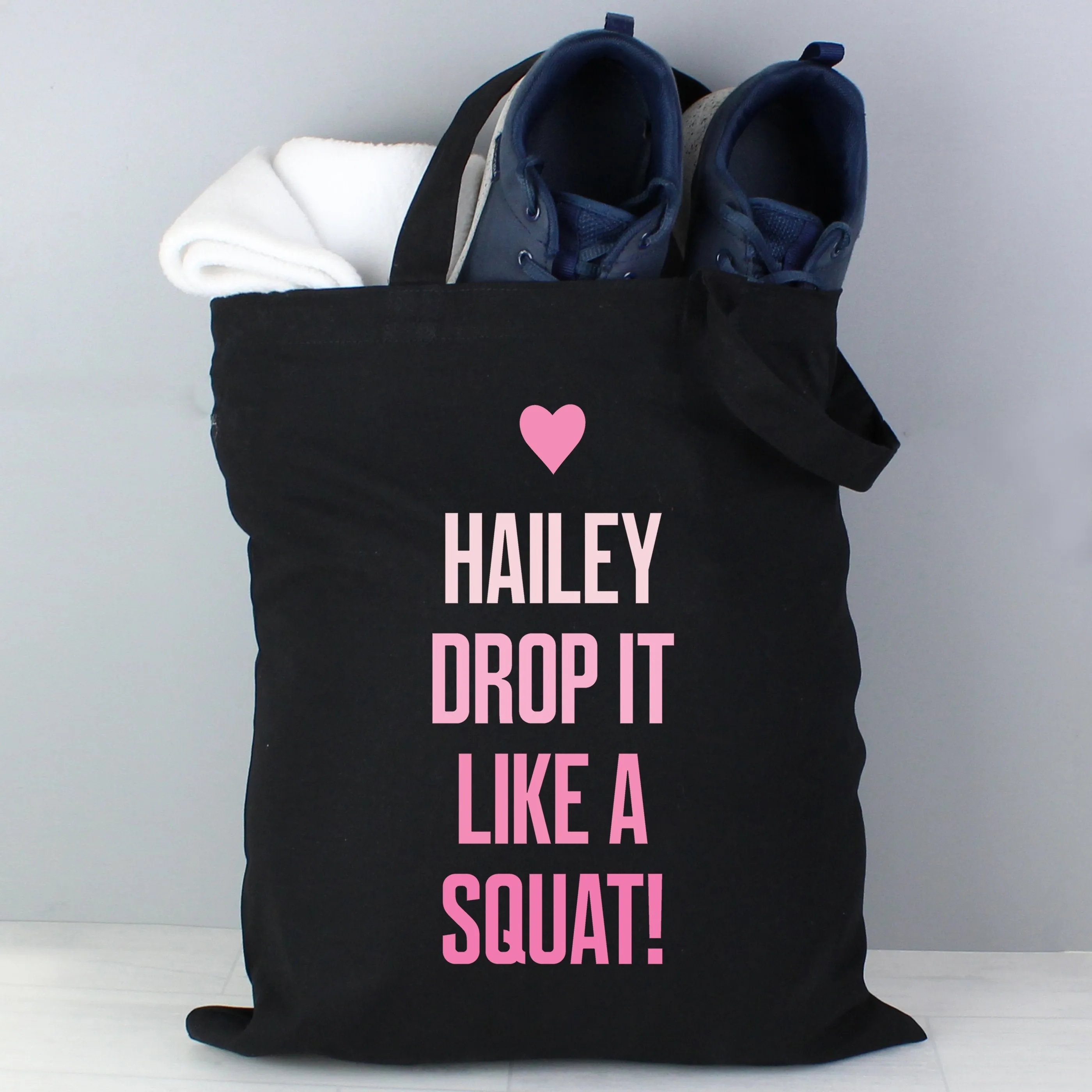 Personalised Pink Text Black Cotton Bag