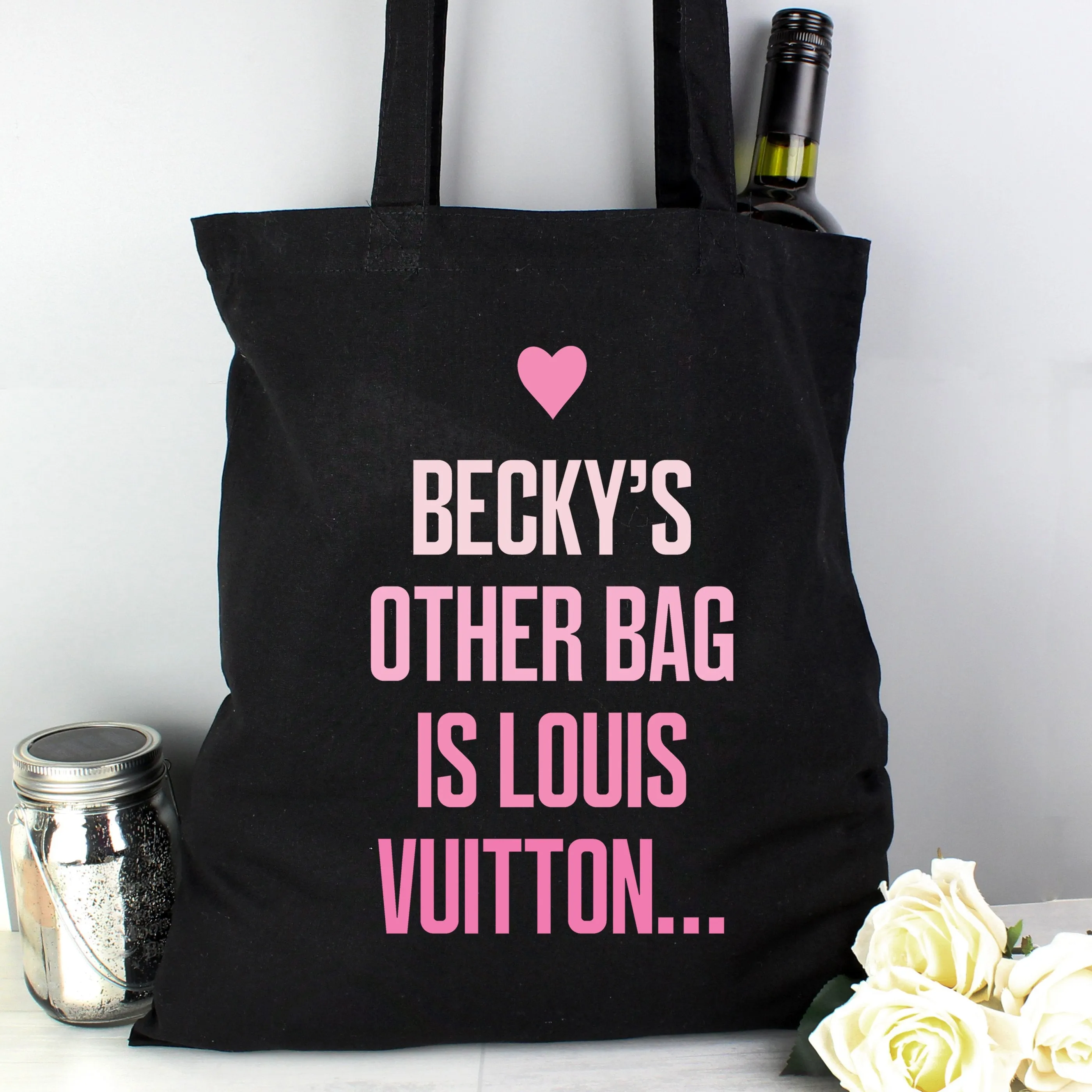 Personalised Pink Text Black Cotton Bag