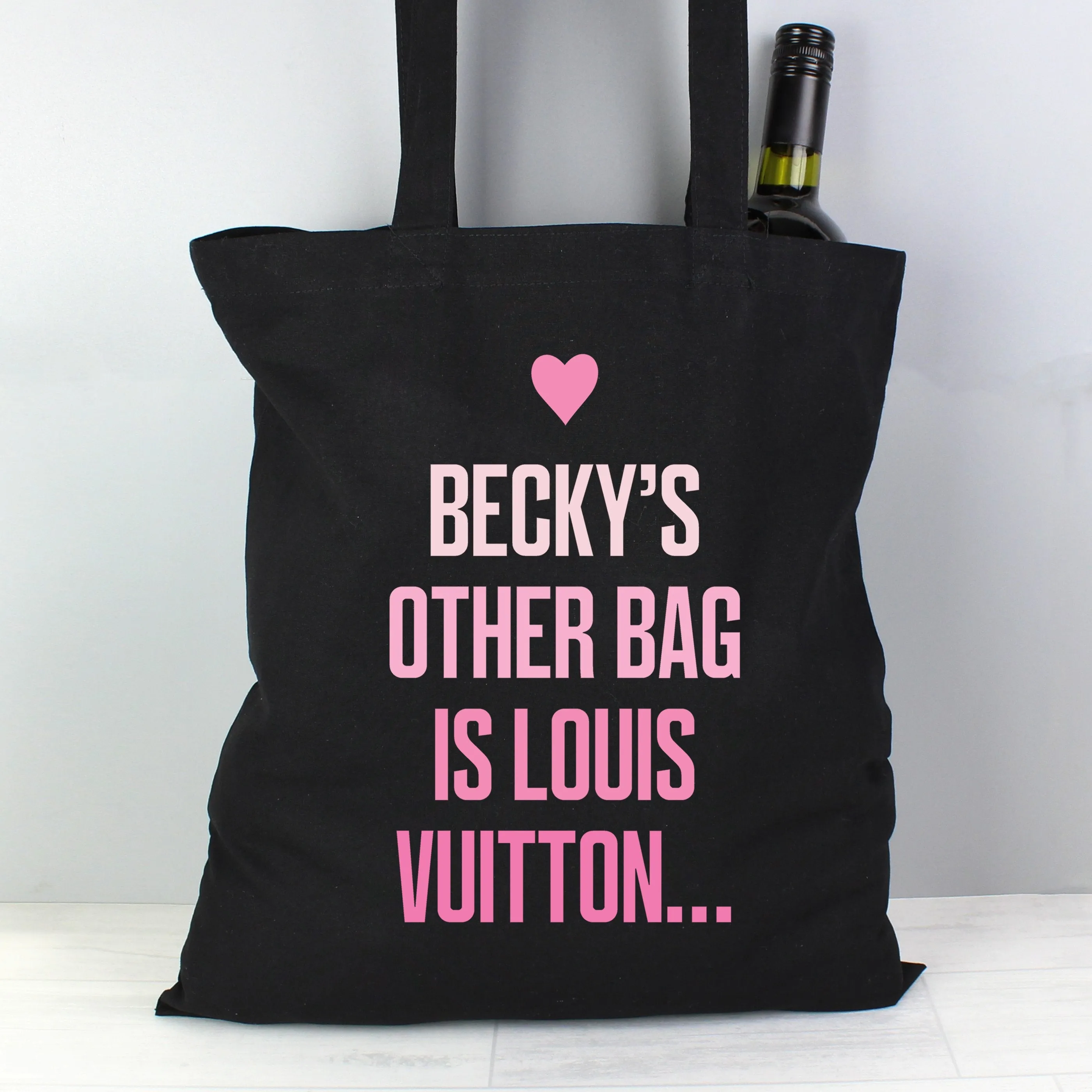 Personalised Pink Text Black Cotton Bag