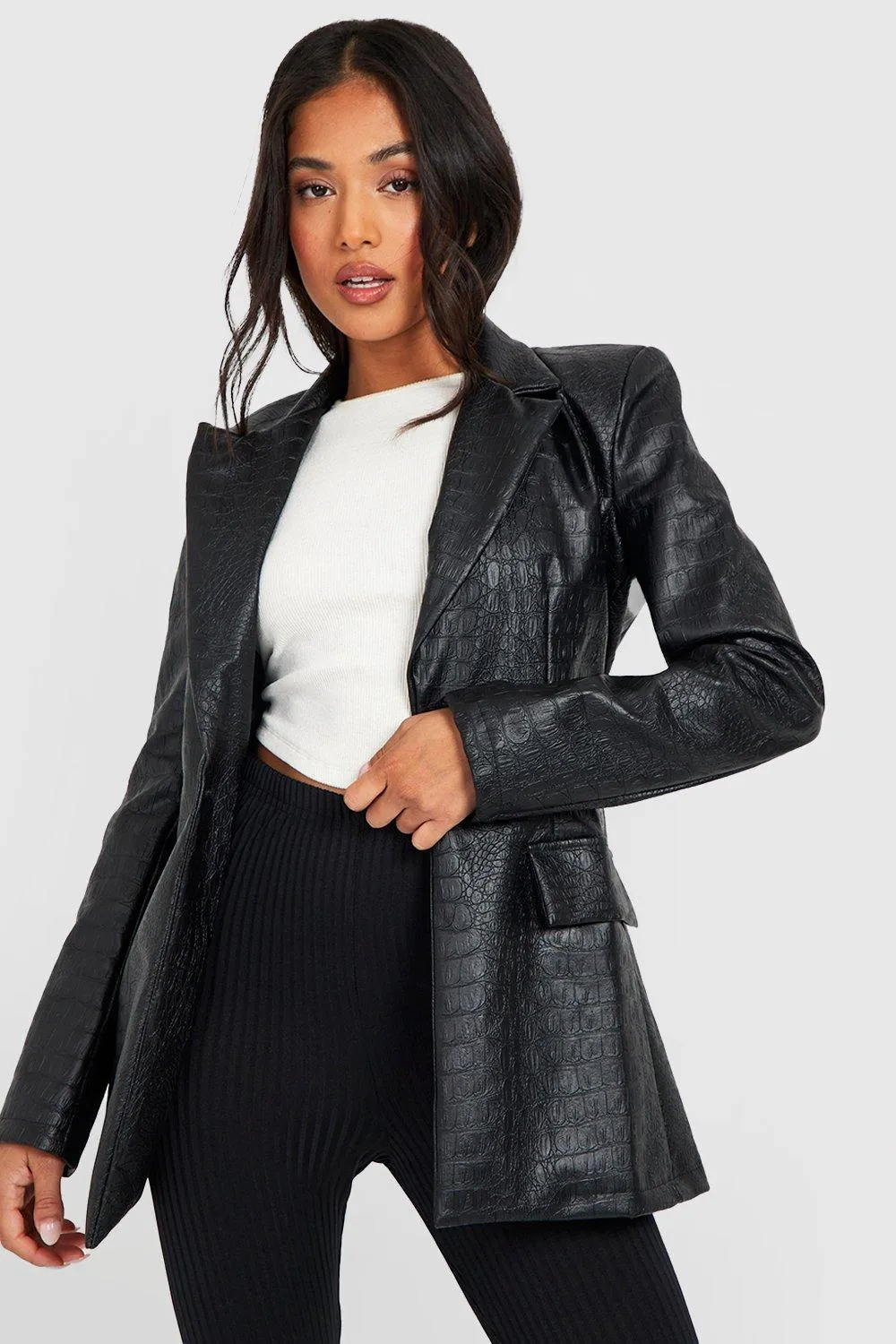 Petite Croc Pu Single Breasted Blazer