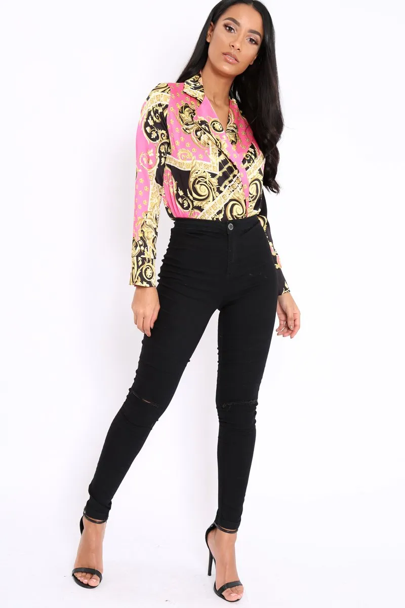 Pink and Gold Scarf Print Satin Plunge Bodysuit - Moniqua