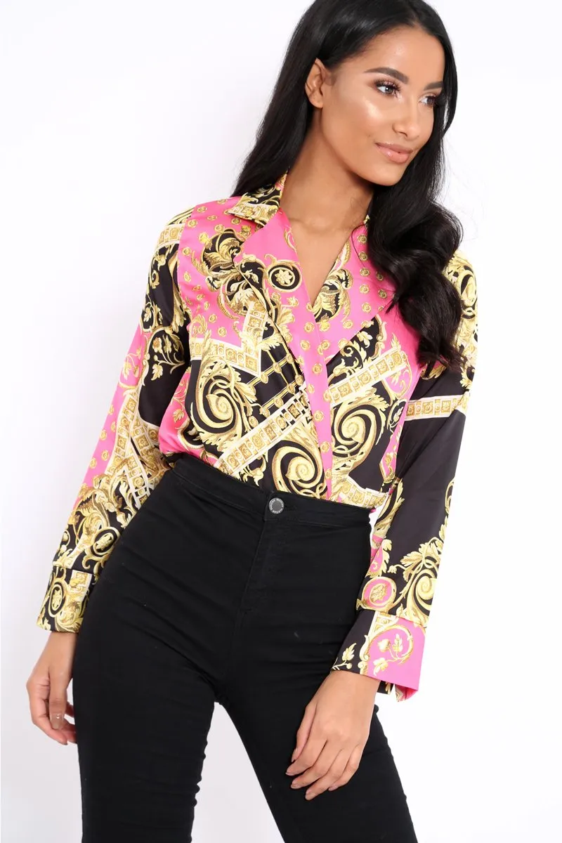 Pink and Gold Scarf Print Satin Plunge Bodysuit - Moniqua