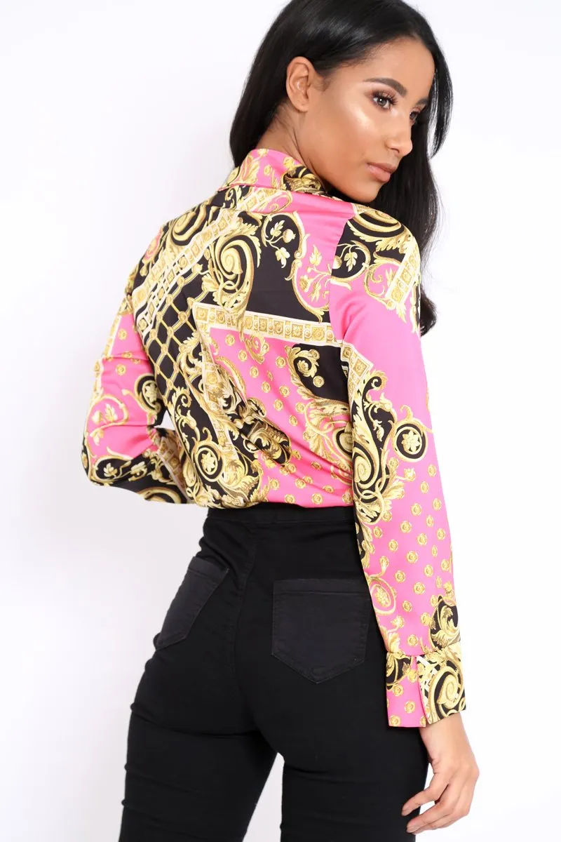 Pink and Gold Scarf Print Satin Plunge Bodysuit - Moniqua