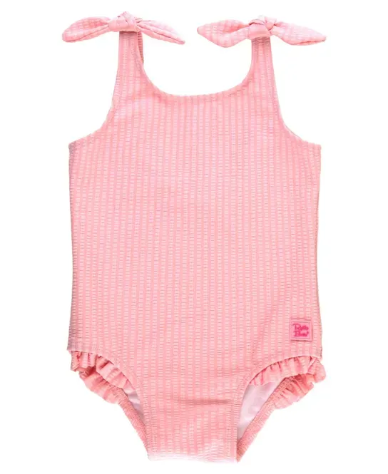 Pink Seersucker Tie Shoulder One Piece Bathing Suit