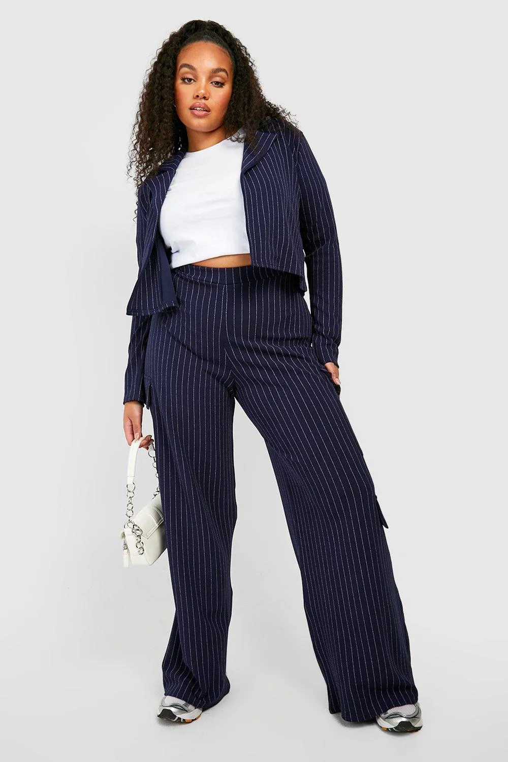 Plus Pinstripe Crop Blazer & Wide Leg Cargo Pants Two-Piece