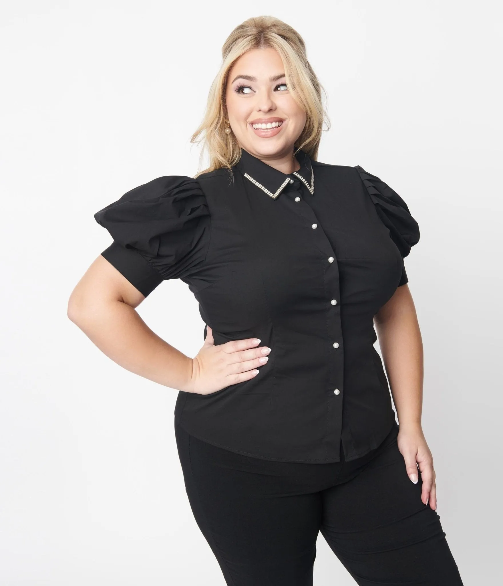 Plus Size Black Rhinestone Collar Blouse