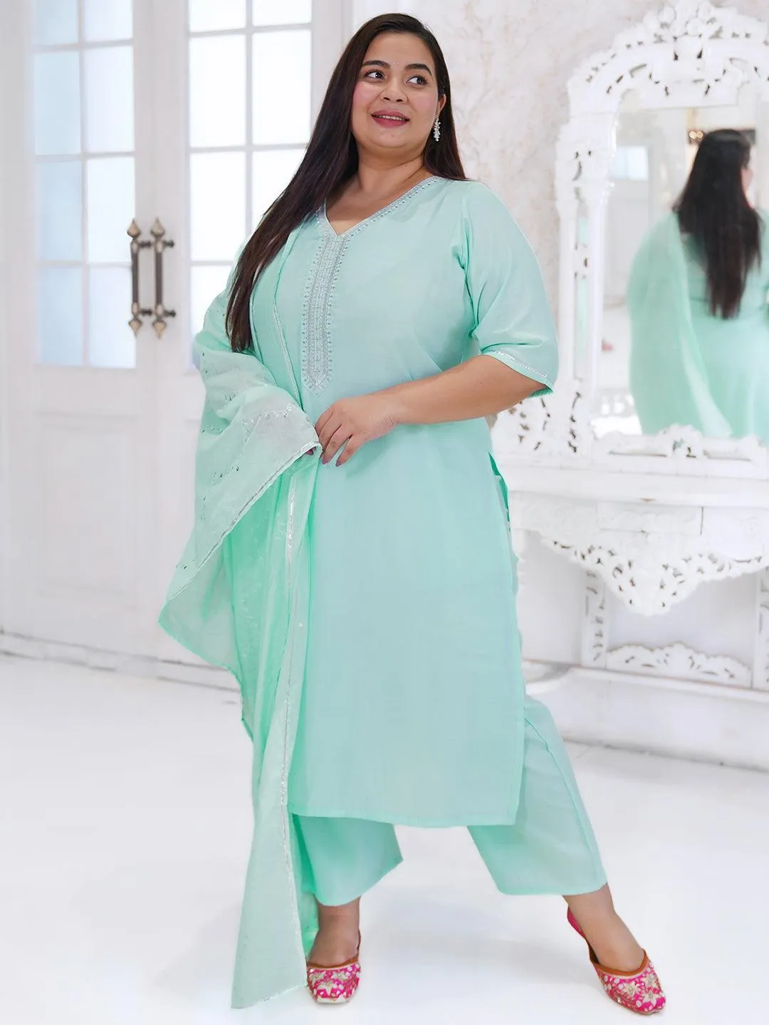 Plus Size Blue Yoke Design Silk Blend Straight Suit With Dupatta