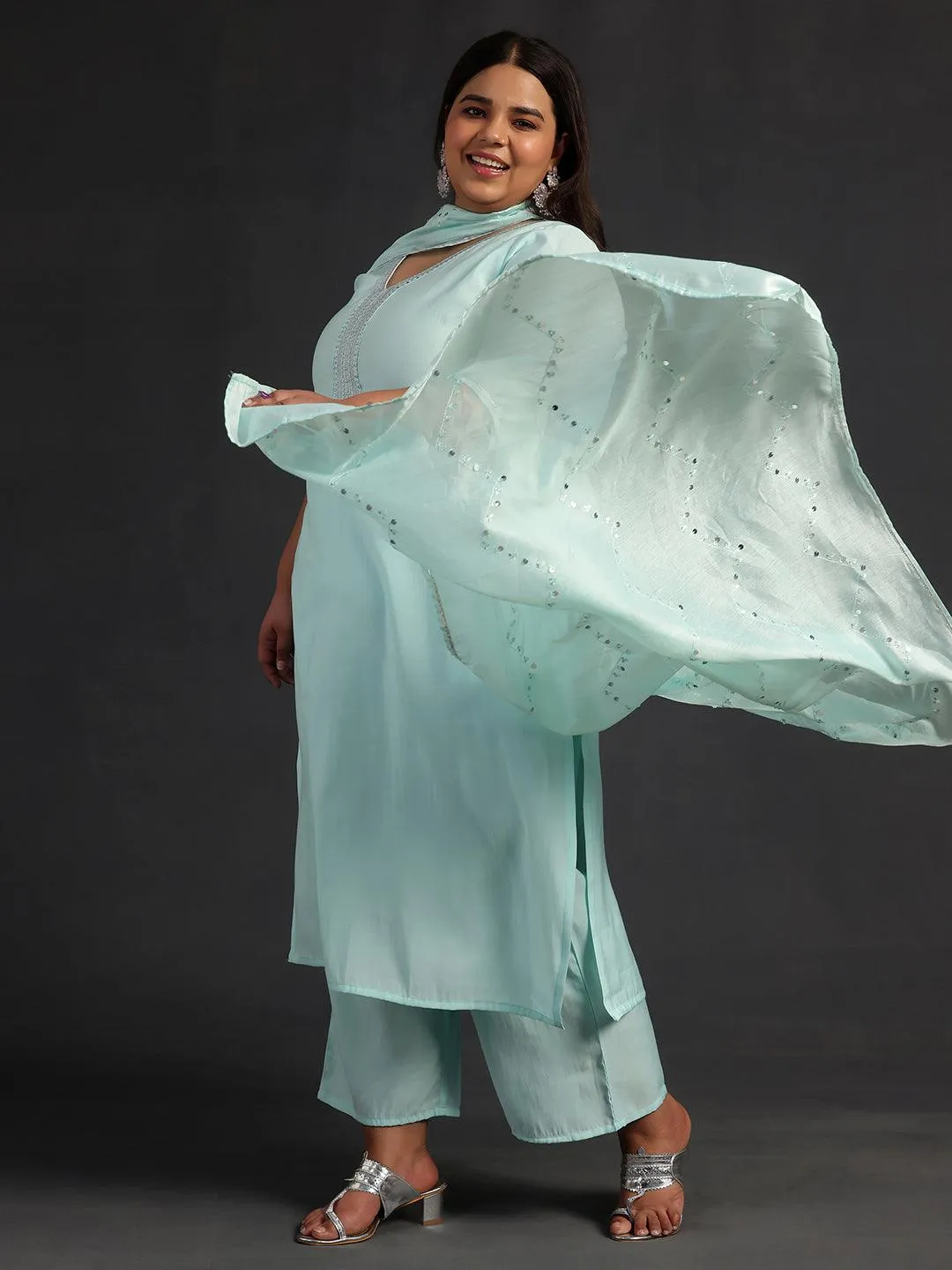 Plus Size Blue Yoke Design Silk Blend Straight Suit With Dupatta