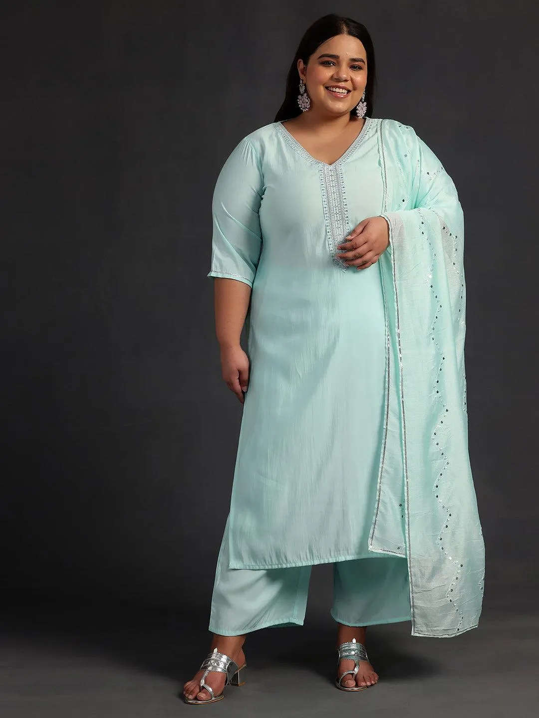 Plus Size Blue Yoke Design Silk Blend Straight Suit With Dupatta