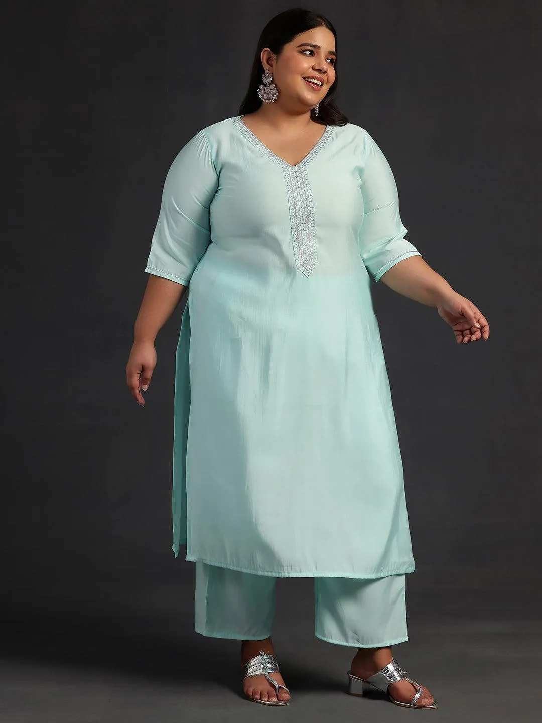 Plus Size Blue Yoke Design Silk Blend Straight Suit With Dupatta