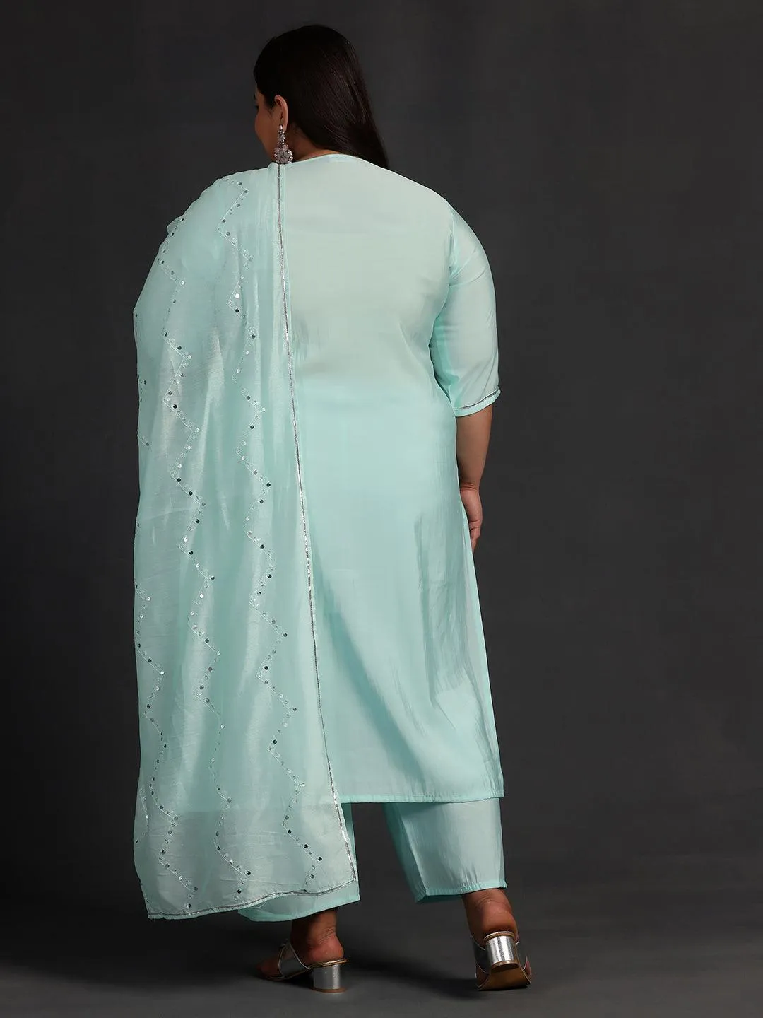 Plus Size Blue Yoke Design Silk Blend Straight Suit With Dupatta