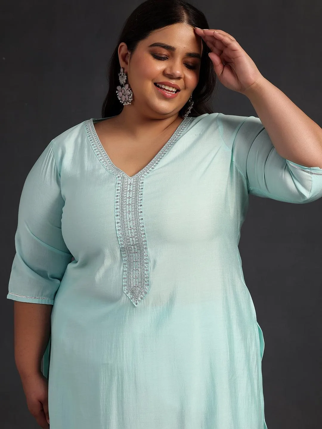 Plus Size Blue Yoke Design Silk Blend Straight Suit With Dupatta