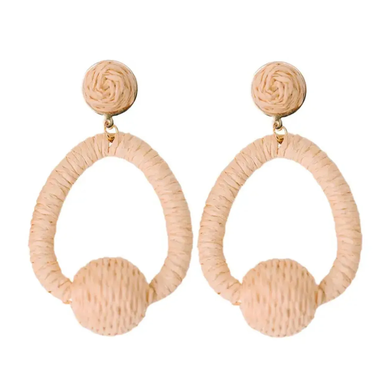 Pom Pom Statement Hoop Earrings, Brown Raffia