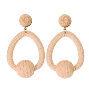 Pom Pom Statement Hoop Earrings, Brown Raffia