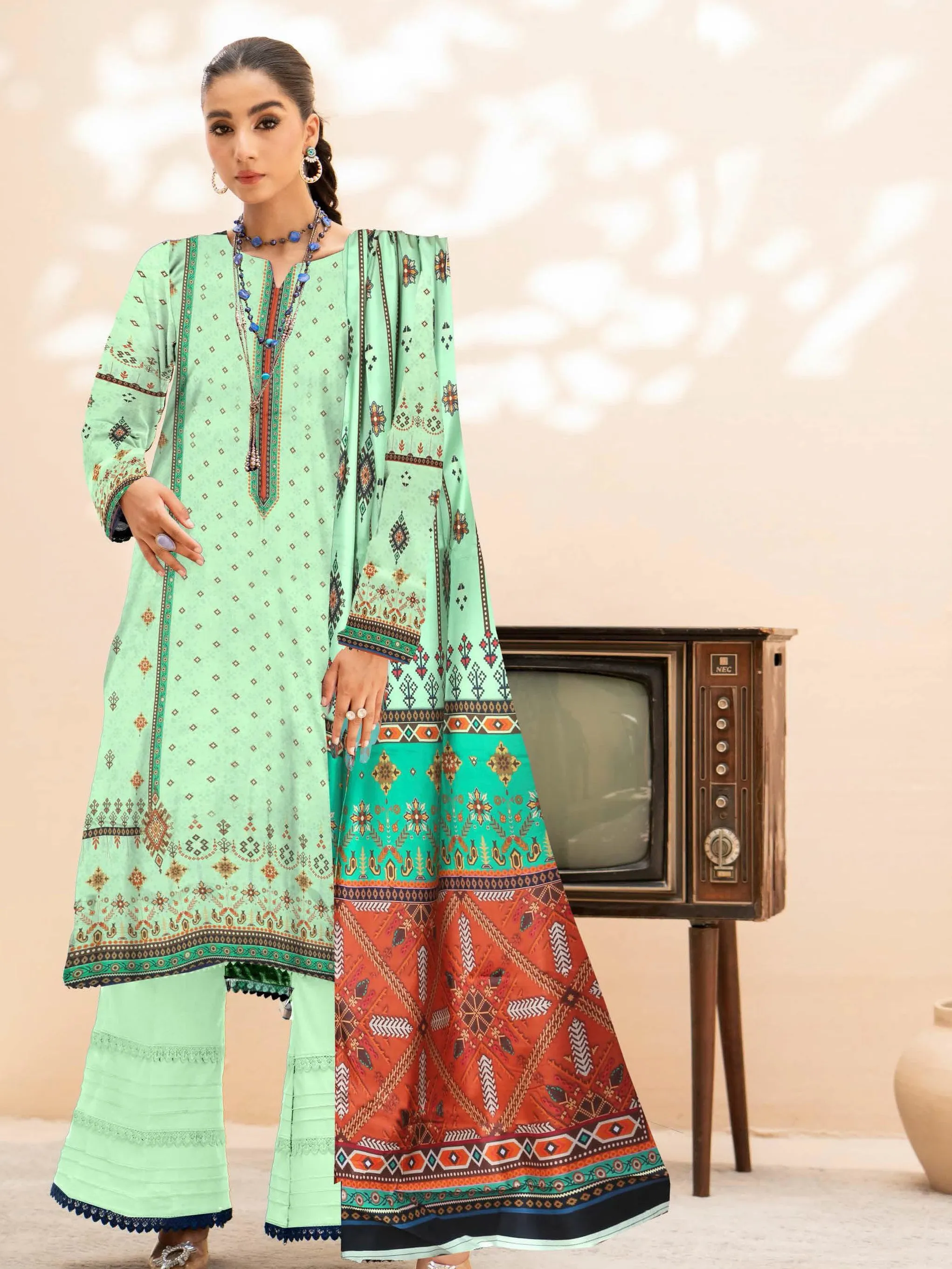 Rashk e Qamar Digital Printed Unique Linen Unstitched 3Pc Suit D-09