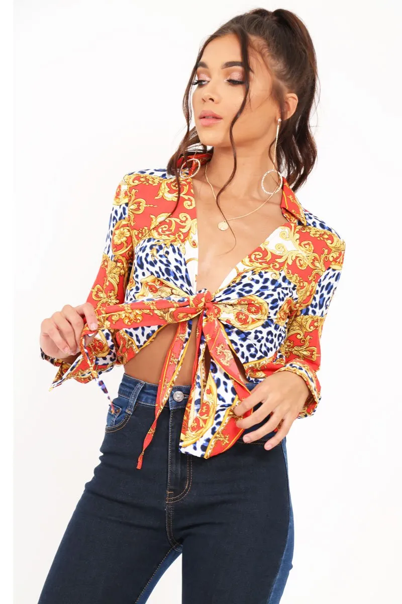 Red Scarf Print Cropped Tie Front Shirt - Kaly