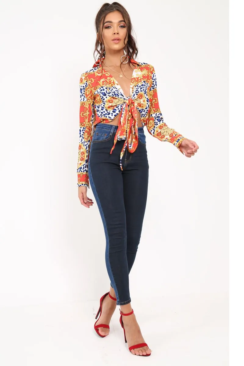 Red Scarf Print Cropped Tie Front Shirt - Kaly