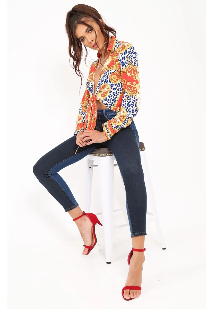 Red Scarf Print Cropped Tie Front Shirt - Kaly