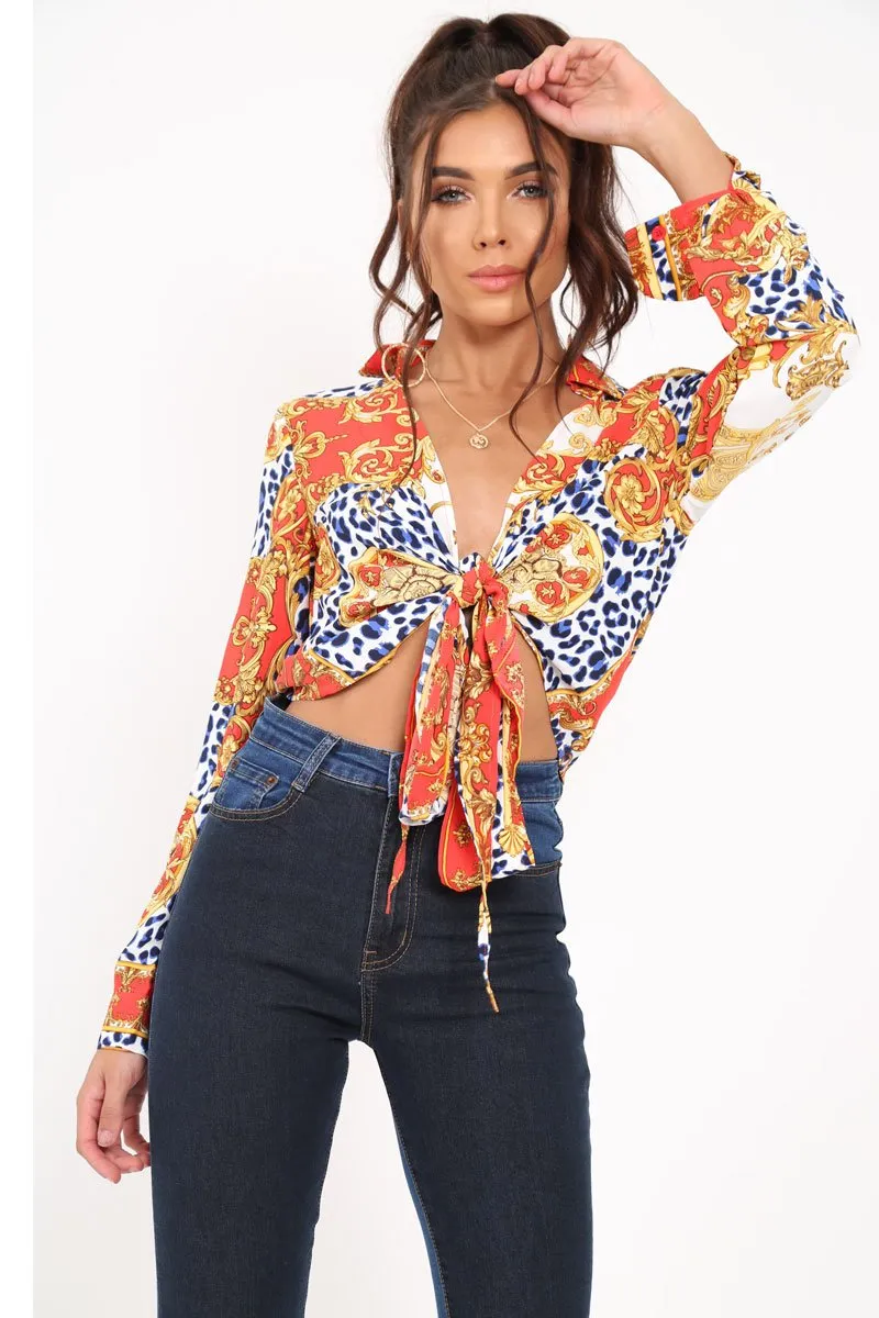 Red Scarf Print Cropped Tie Front Shirt - Kaly