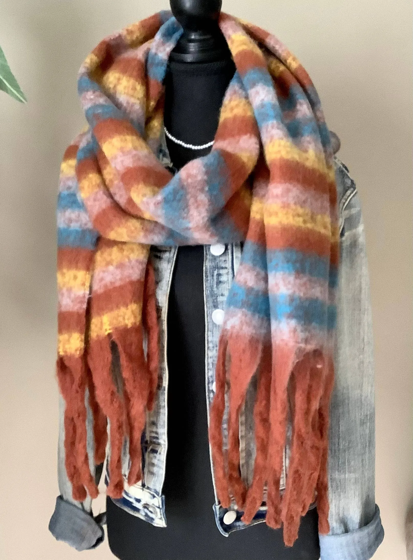 Scarf, fringe scarf, chunky scarf, winter scarf, denim blues