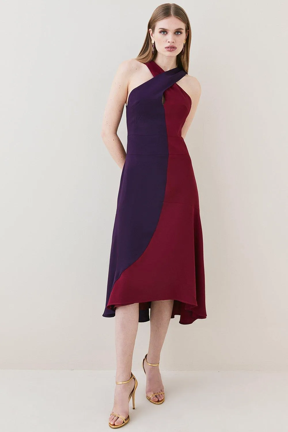 Soft Tailored Colour Block Halter Midi Dress | Karen Millen