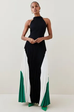 Soft Tailored Pleat Colourblock Halter Maxi Dress | Karen Millen