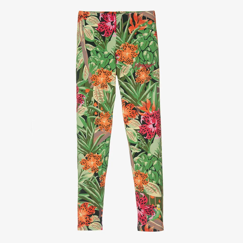 Teen Girls Green Cotton Floral Leggings