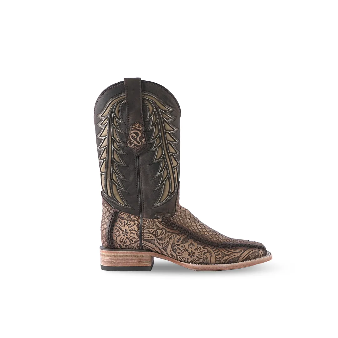 Texas Country Boot Python Cincelado Natural Rustico E680 Square Toe