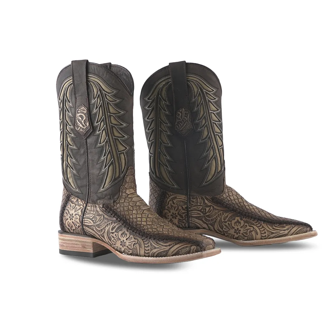 Texas Country Boot Python Cincelado Natural Rustico E680 Square Toe