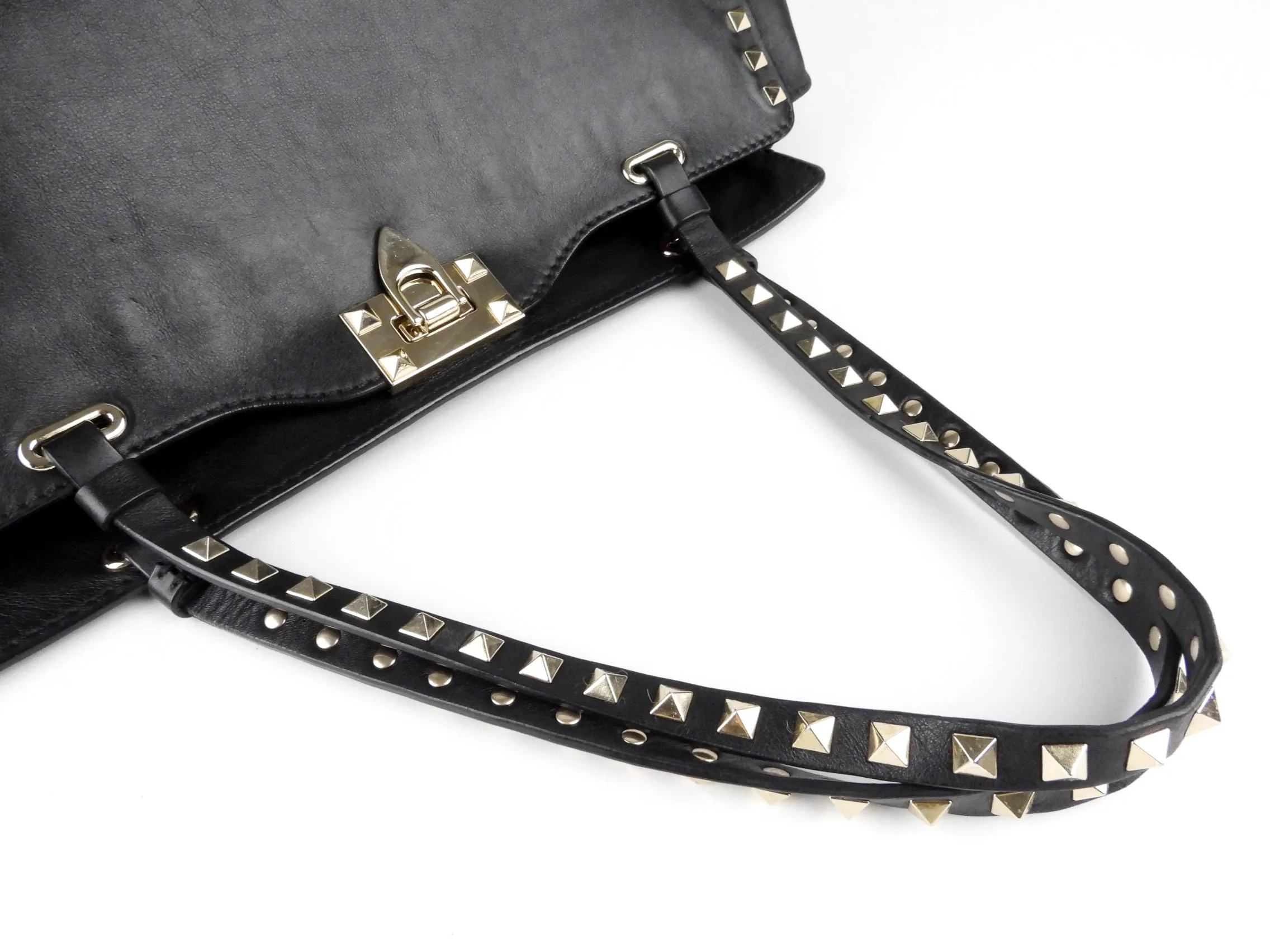 Valentino Garavani Black Leather Rockstud Medium Trapeze Tote Bag