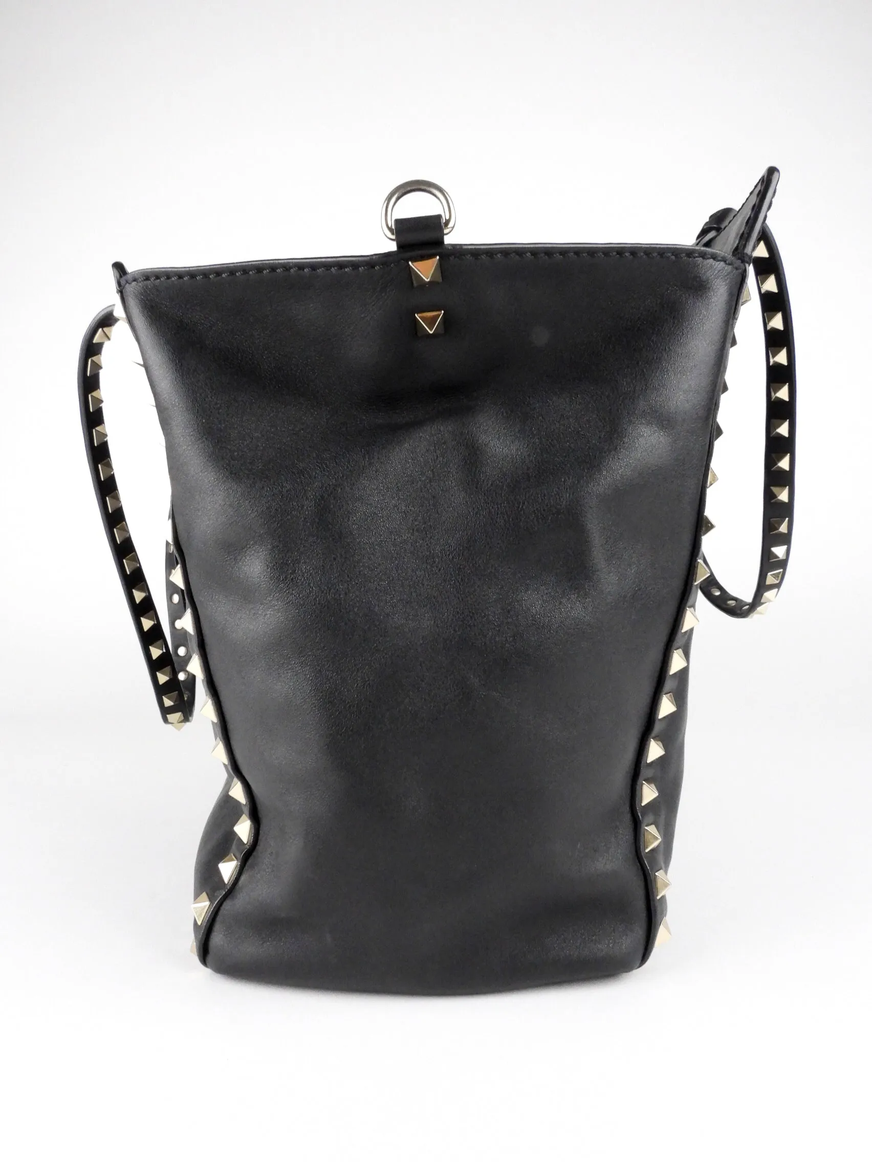 Valentino Garavani Black Leather Rockstud Medium Trapeze Tote Bag