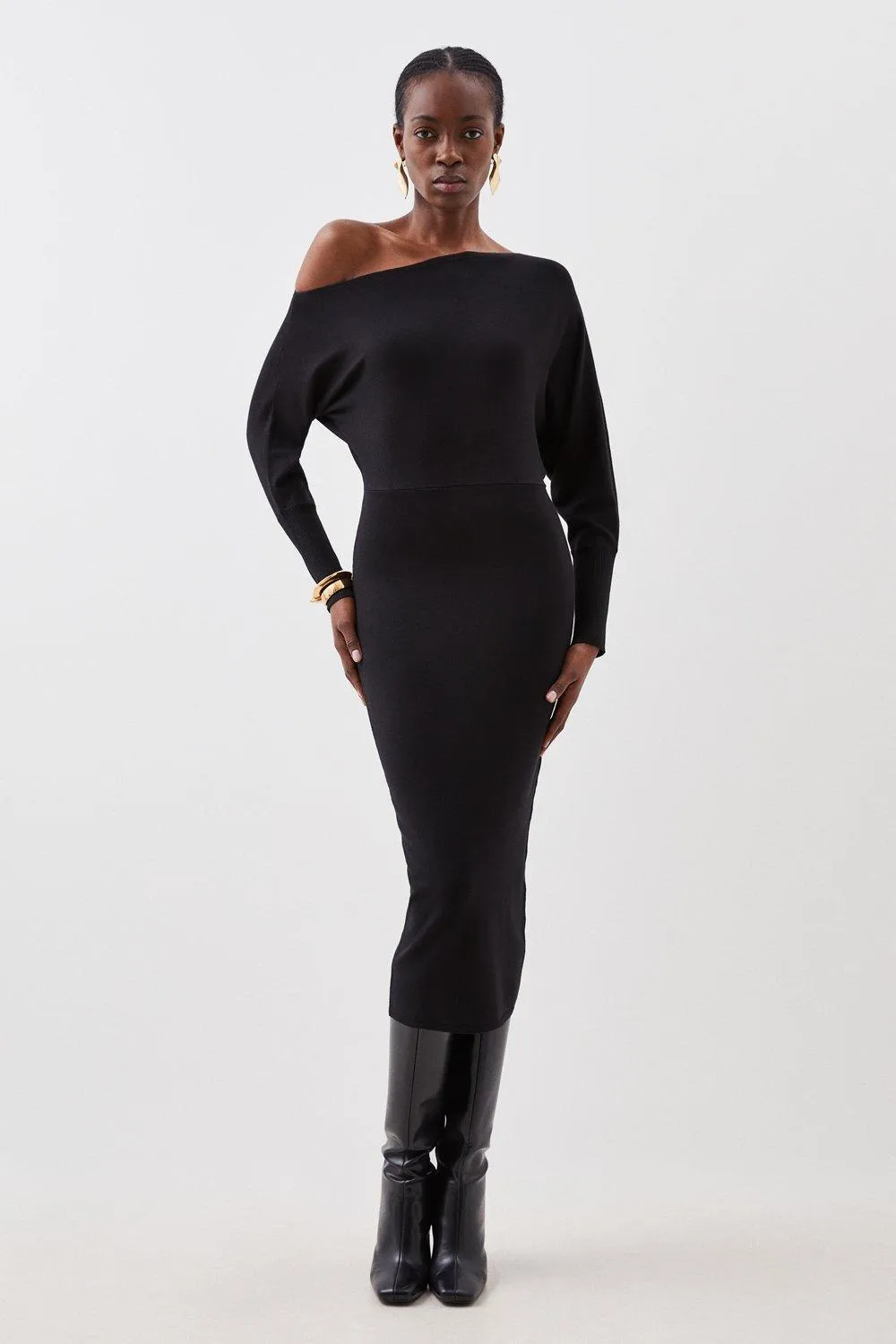 Viscose Blend Knit Asymmetric Neck Midi Dress | Karen Millen