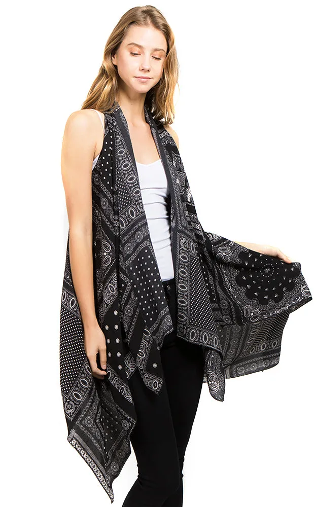 VP8281 Black Multi Print Scarf Long Vest