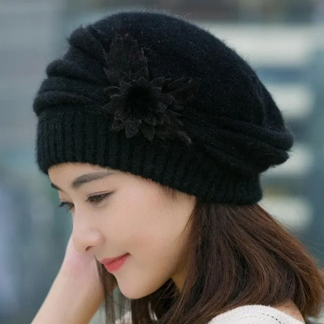 Warm Hat For Women Knitted Wool Floral Gorros Skullies & Beanies Elegant Hats Female Ladies Bonnet Enfant SM6