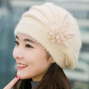 Warm Hat For Women Knitted Wool Floral Gorros Skullies & Beanies Elegant Hats Female Ladies Bonnet Enfant SM6