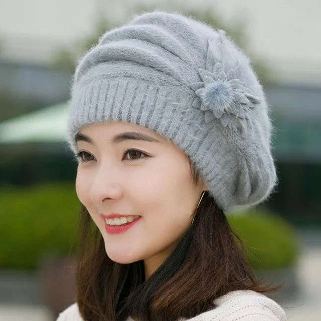 Warm Hat For Women Knitted Wool Floral Gorros Skullies & Beanies Elegant Hats Female Ladies Bonnet Enfant SM6