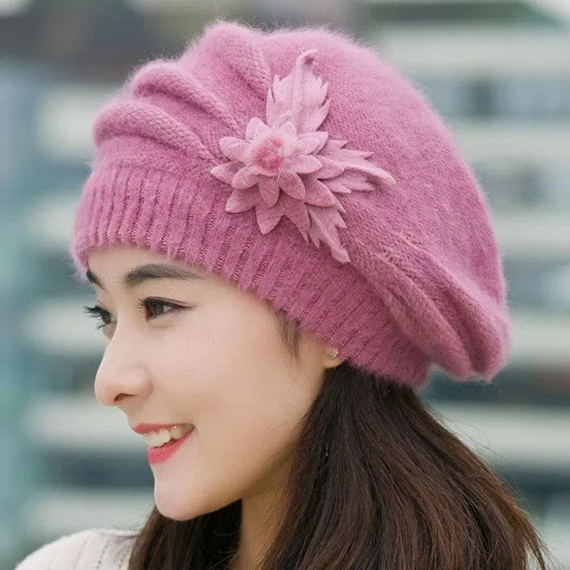 Warm Hat For Women Knitted Wool Floral Gorros Skullies & Beanies Elegant Hats Female Ladies Bonnet Enfant SM6