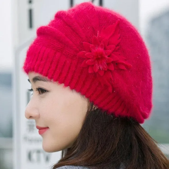 Warm Hat For Women Knitted Wool Floral Gorros Skullies & Beanies Elegant Hats Female Ladies Bonnet Enfant SM6